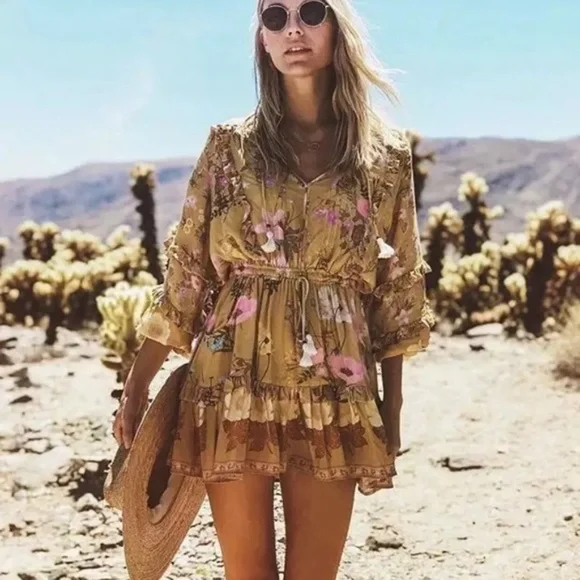 SOLD OUT Golden Floral Ruffle Fall Boho Long Sleeve Dress - Picture 3 of 12